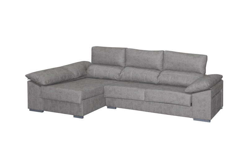 El sofá chaise longue Franca cuenta con respaldos reclinables para un confort personalizado, un práctico arcón de almacenaje y dos taburetes.
