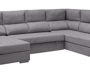 El sofá chaise longue Alicante con estructura de pino macizo, asientos extraíbles y respaldos reclinables, ideal para salones modernos.