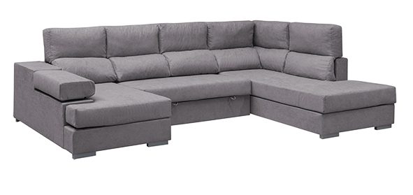 El sofá chaise longue Alicante con estructura de pino macizo, asientos extraíbles y respaldos reclinables, ideal para salones modernos.