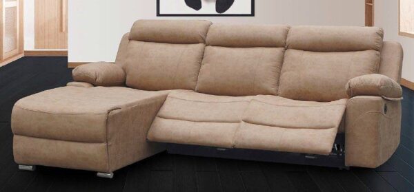 Sofá chaise longue Menfis relax motorizado tapizado en tela nolia de alta calidad en colores cemento y piedra.