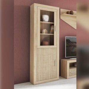 Vitrina Lara para salón con una puerta de madera y una de cristal, exhibiendo decoración en su interior.