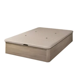 Canapé abatible antihumedad de madera modelo Esla en color blanco instalado en un dormitorio moderno y luminoso, con la tapa levantada para mostrar su capacidad