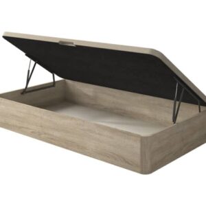 Canapé abatible lateral Yecla blanco en un dormitorio, con la tapa abierta mostrando su interior para almacenaje.