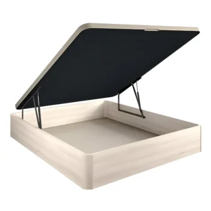 Canapé abatible antihumedad Sil de madera en color ártico en un dormitorio luminoso, con la tapa levantada mostrando su amplio espacio de almacenaje.