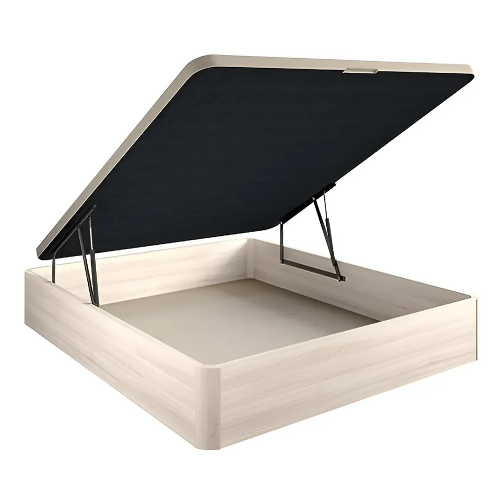 Canapé abatible Sil de madera en color ártico en un dormitorio luminoso, con la tapa levantada mostrando su amplio espacio de almacenaje.