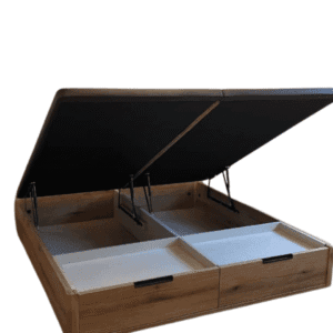 Canapé abatible con cajones premium modelo Nacional con cajones abiertos en un dormitorio moderno, mostrando su estructura robusta y tapizado 3D.