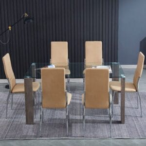Conjunto de mesa Hana rectangular de cristal con seis sillas Sakura de respaldo ergonómico en beige y marengo, sobre una alfombra moderna en un comedor luminoso decorado con plantas.