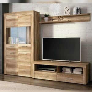 Conjunto de salón completo modelo Texas en acabado color Cañón, con aparador, vitrina, mueble de TV y estante de pared.