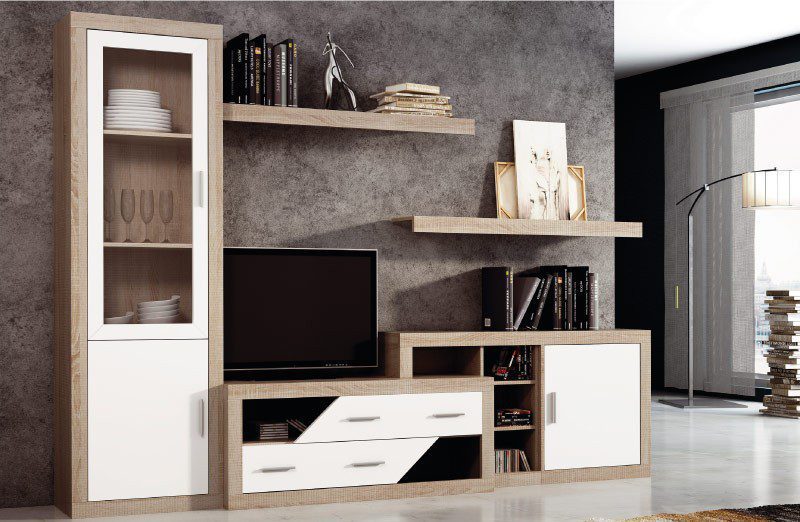 Ambiente de salón con el conjunto de muebles Lara 06 instalado, mostrando sus 5 módulos en colores cambria, blanco y grafito.