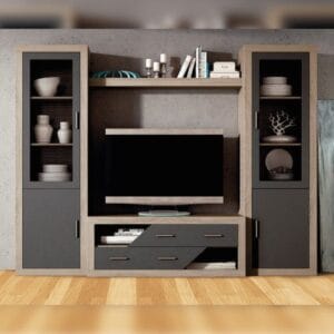 Vista frontal del conjunto de salón completo Lara 05 con mueble TV, dos vitrinas altas y estante en un salón moderno.