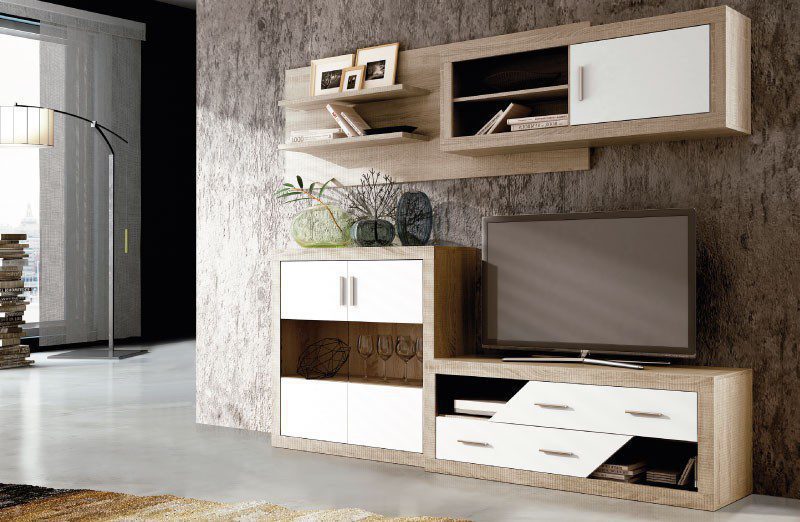 Conjunto de salón completo modular Lara 03 en acabado madera Cambria y frentes en color Grafito, organizado con bodeguero.