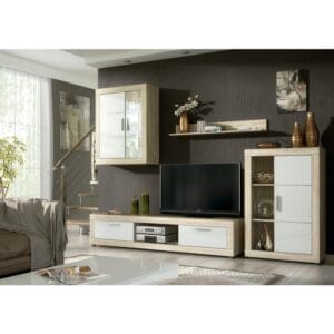 Composición de salón modular Fiordo en acabado Cambria-Grafito, con mueble TV, aparador, vitrina LED y estante organizando un salón moderno.