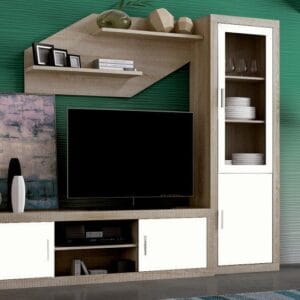 Conjunto de salón moderno Lara 04 con mueble de TV, vitrina alta y estantería de pared en acabado Cambria-Grafito.