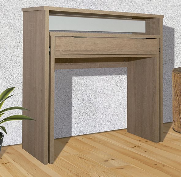 Consola escritorio Almansa de melamina en color blanco y cambria, mostrada como consola cerrada en un recibidor moderno.