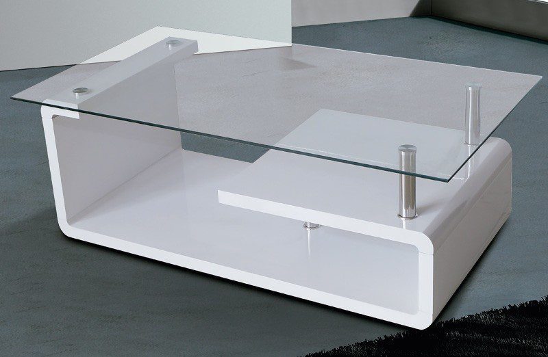 Mesa de centro para salón fija Eva con tapa de cristal templado y estructura DM en blanco, perfecta para ambientes modernos y luminosos.