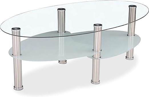 Mesa de centro para salón fija modelo Senna con tapa de cristal y patas de acero inoxidable, perfecta junto al sofá en un ambiente contemporáneo.