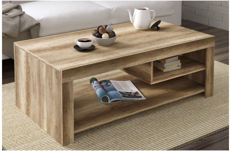 Mesa de centro para salón fija modelo Texas fabricada en melamina color cañón, con espacio de almacenaje, ubicada en un salón moderno y funcional.