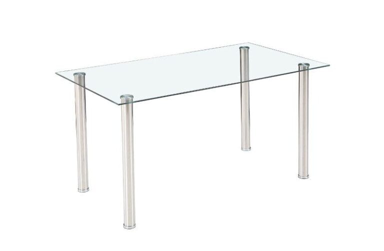 Mesa de comedor Avatar X con tablero de cristal templado de 140cm y patas de acero cromado, situada en un comedor moderno y luminoso, con 6 personas compartiendo una comida en torno a un espacio elegante y funcional.