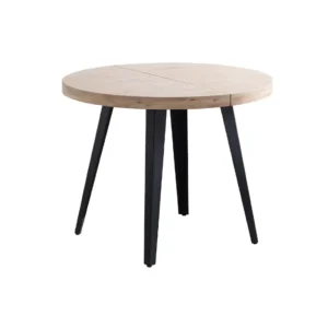 Mesa de comedor redonda extensible Berg, con tablero de madera maciza de roble y patas metálicas negras, en un elegante comedor moderno con 6-8 personas compartiendo una comida familiar animada.