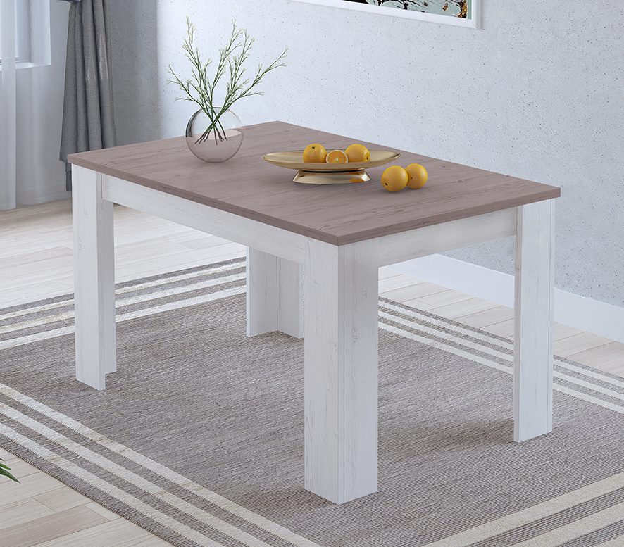 Mesa de comedor extensible modelo Corfu con tablero y patas de melamina en colores Andersen pino-gris, blanco, cambria o cañón. Perfecta para 6-8 personas, en un comedor moderno con familia y amigos reunidos alrededor durante una celebración.