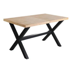Mesa de comedor extensible de madera maciza de roble, con patas metálicas, desplegada para 10 personas en un comedor moderno y luminoso, perfecta para cenas familiares.