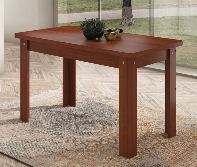 Mesa de comedor fija modelo Dalas con tablero de melamina en blanco y cambria, instalada en un comedor familiar moderno para 4 o 6 personas disfrutando de una comida juntos.