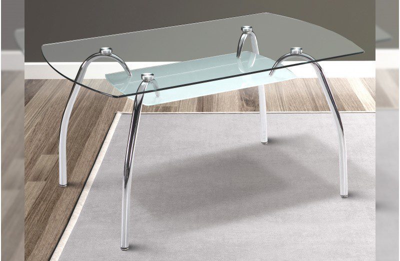 Mesa de comedor SAN con tapa de cristal templado transparente y bandeja inferior ahumada, acomodando a 6 personas en un comedor luminoso y moderno con decoración elegante.