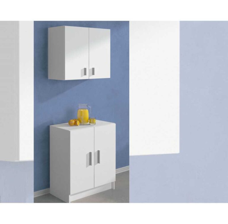 Conjunto de mueble auxiliar multiusos Aura en color blanco, con el módulo alto colgado en la pared y el bajo en el suelo de una cocina.