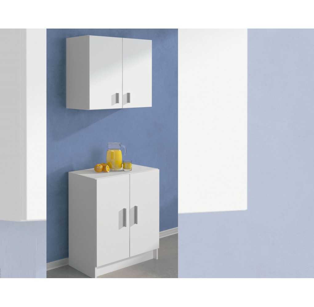 Conjunto de mueble auxiliar multiusos Aura en color blanco, con el módulo alto colgado en la pared y el bajo en el suelo de una cocina.