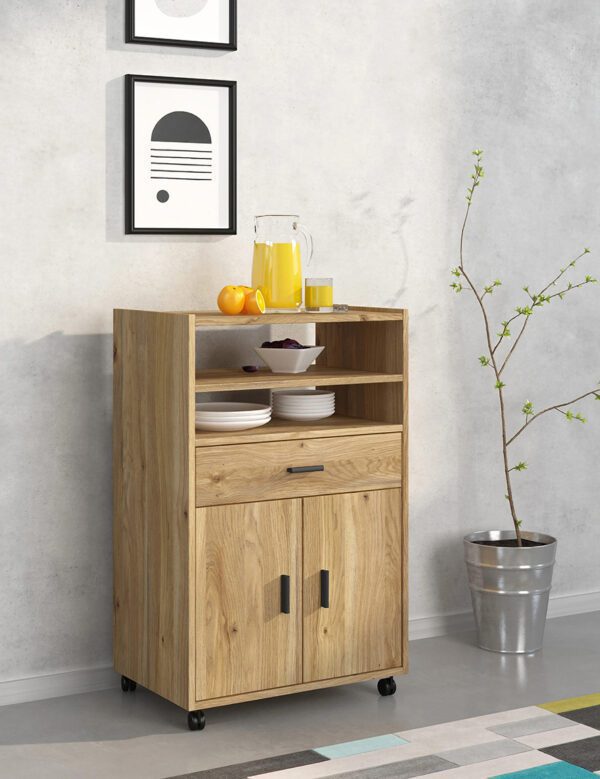 Mueble auxiliar de cocina Aura 2025 en colores beige y mauvella con tiradores negros, ubicado en una cocina moderna y organizada.