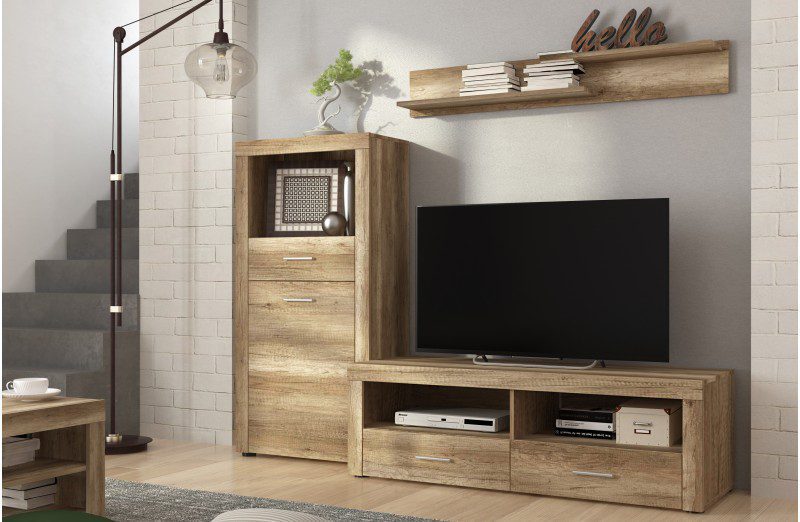 Mueble de salón apilable Texas 05 de 201 cm en color cañón, compuesto por módulo de TV, botellero y estantería.