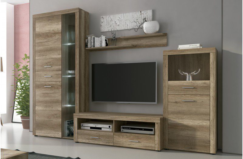 Mueble de salón apilable Texas 03 en color cañón, con su vitrina alta con LED, el botellero y mueble TV de 296 cm.