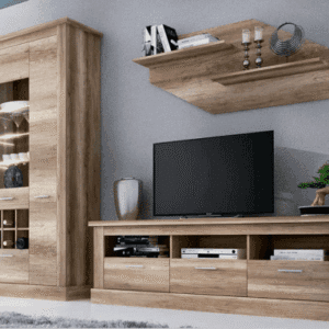 Composición de salón Chellén 01 de 276 cm en acabado Cañón, con mueble TV, vitrina alta con luces LED y estante de pared.