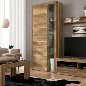 Salón completo moderno Texas 01 de 230cm, compuesto por un bajo de TV, vitrina con luces LED, estante y mesa de centro elevable.