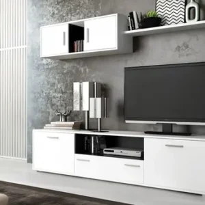 Mueble de salón completo Dimas en acabado Cambria y Blanco, con un módulo bajo para TV, un armario colgante y estante.