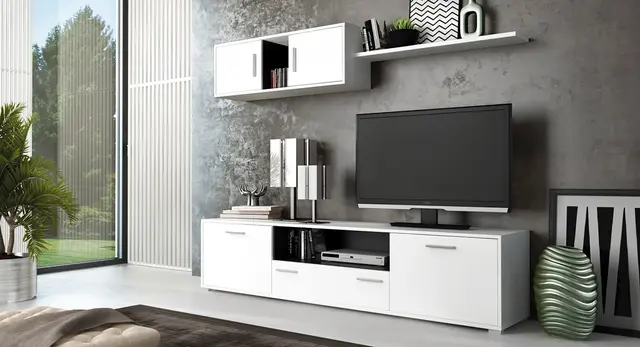 Mueble de salón completo Dimas en acabado Cambria y Blanco, con un módulo bajo para TV, un armario colgante y estante.