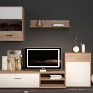 Mueble de salón modular Helena en acabado Cambria-Blanco, compuesto por cuatro piezas que crean un ambiente moderno y organizado.