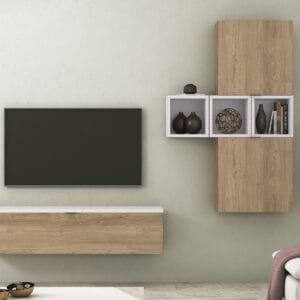 Composición de salón modular suspendida Italia 01 con mueble de TV, cubos y módulos cerrados en acabado blanco y madera.