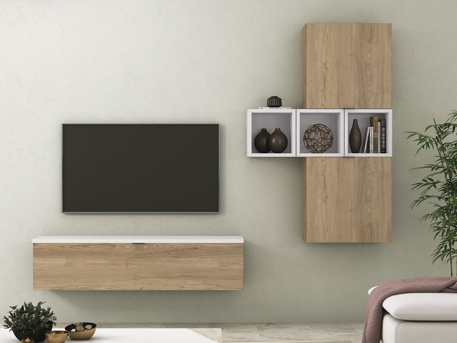 Composición de salón modular suspendida Italia 01 con mueble de TV, cubos y módulos cerrados en acabado blanco y madera.