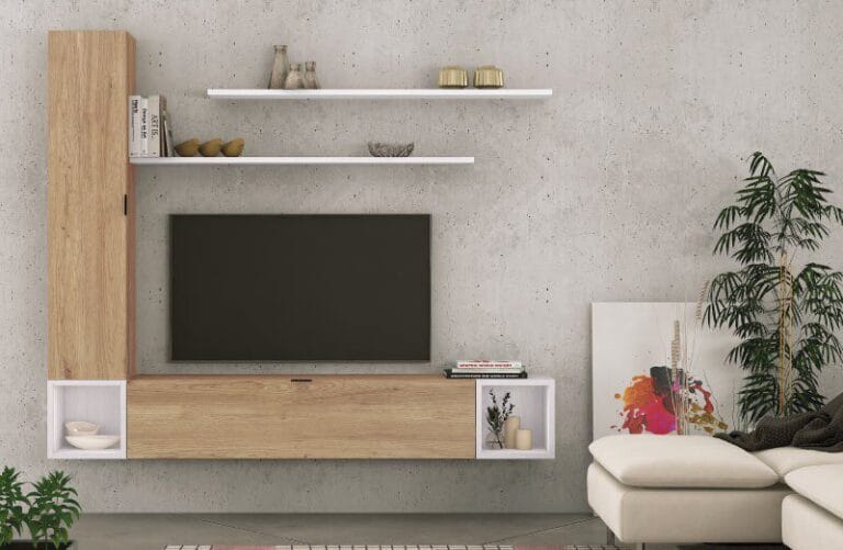 Composición de salón suspendida Italia 03 con diseño asimétrico, combinando acabado madera Salerno y blanco Ártico en sus módulos de almacenaje.