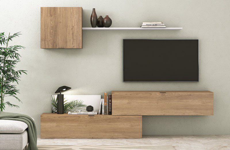 Mueble de salón suspendido Italia 04 con diseño modular, combinando módulos bajos en acabado madera y un estante blanco.