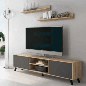 La Composición Apilable Soto de 180 cm es un mueble de salón nórdico con dos puertas y nichos abiertos para un almacenamiento versátil.