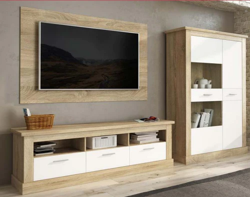 Composición de salón Chellén 05 en acabado cambria-blanco y cañón, con un mueble bajo de TV, vitrina y panel.