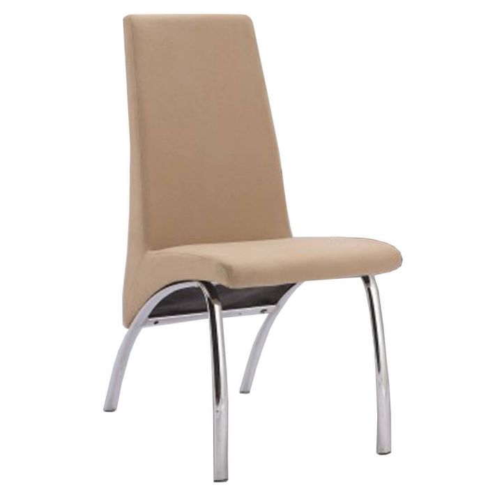 Pack de 2 sillas de comedor modelo Aroa, tapizadas en microfibra beige y marengo, con patas metálicas cromadas y diseño ergonómico modernas en un salón acogedor.