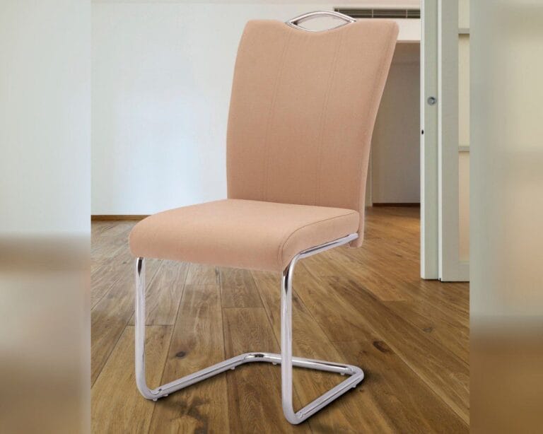 Pack de 4 sillas de comedor modelo Austria tapizadas en microfibra beige y marengo con patas metálicas cromadas, ideal para ambientes modernos y elegantes.