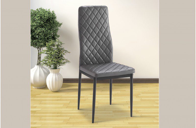 Pack de 6 sillas de comedor modelo Mármol tapizadas en PU gris con patas metálicas negras, ideal para salones modernos y reuniones familiares.
