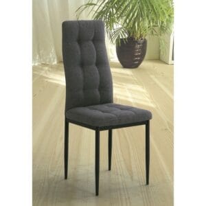 Pack de 6 sillas de comedor modelo Zuni tapizadas en tela gris con patas de metal negro, perfectas para ambientes modernos y elegantes.