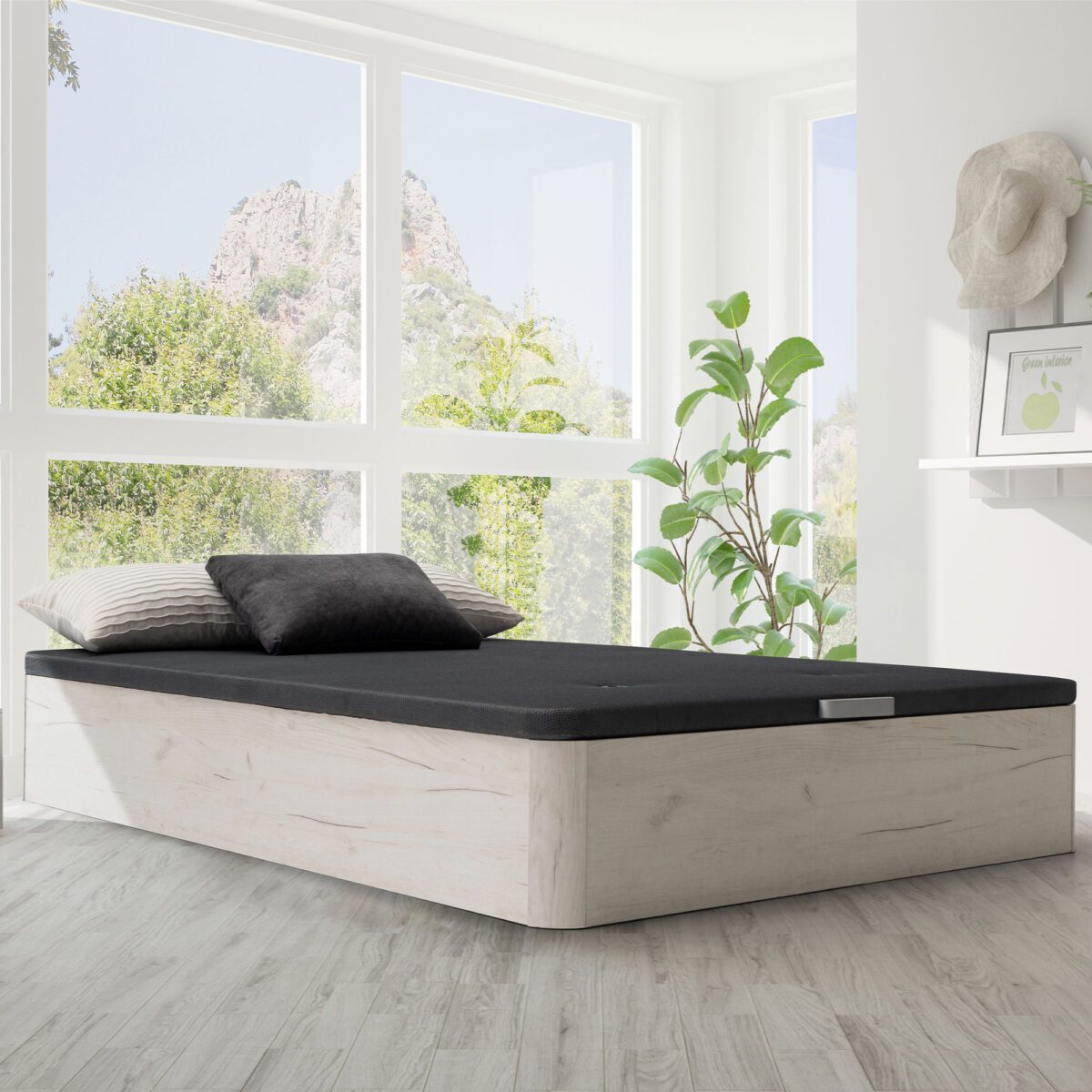 Pack de descanso premium compuesto por un canapé de madera color roble con gran almacenaje y un colchón alto Havently de muelles ensacados, ambientado en un dormitorio moderno y luminoso.