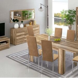 Conjunto de salón comedor completo Texas 06 en acabado color cañón, compuesto por mesa, seis sillas, aparador y vitrina baja en un ambiente luminoso.