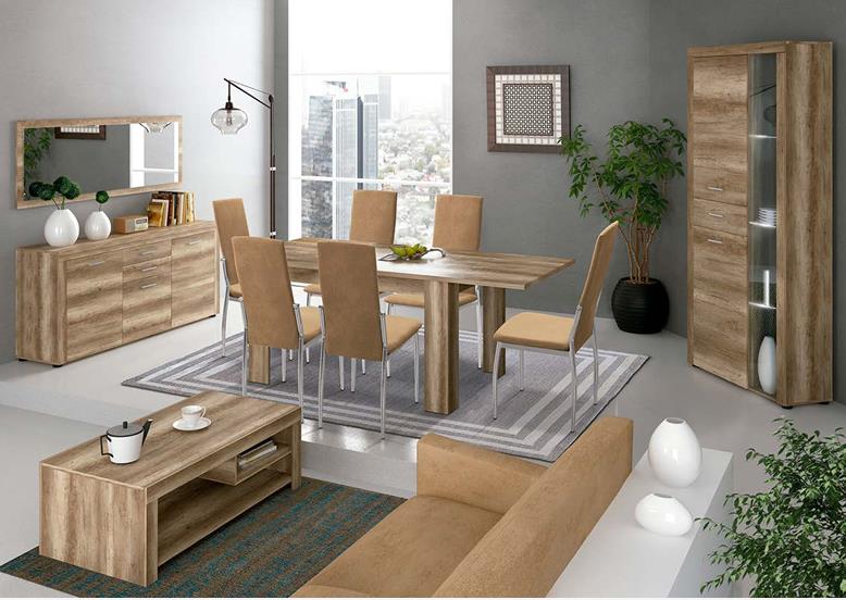 Salón completo extensible modelo Texas 07 en acabado color cañón, con mesa, seis sillas, aparador y vitrina con iluminación LED en un comedor moderno.